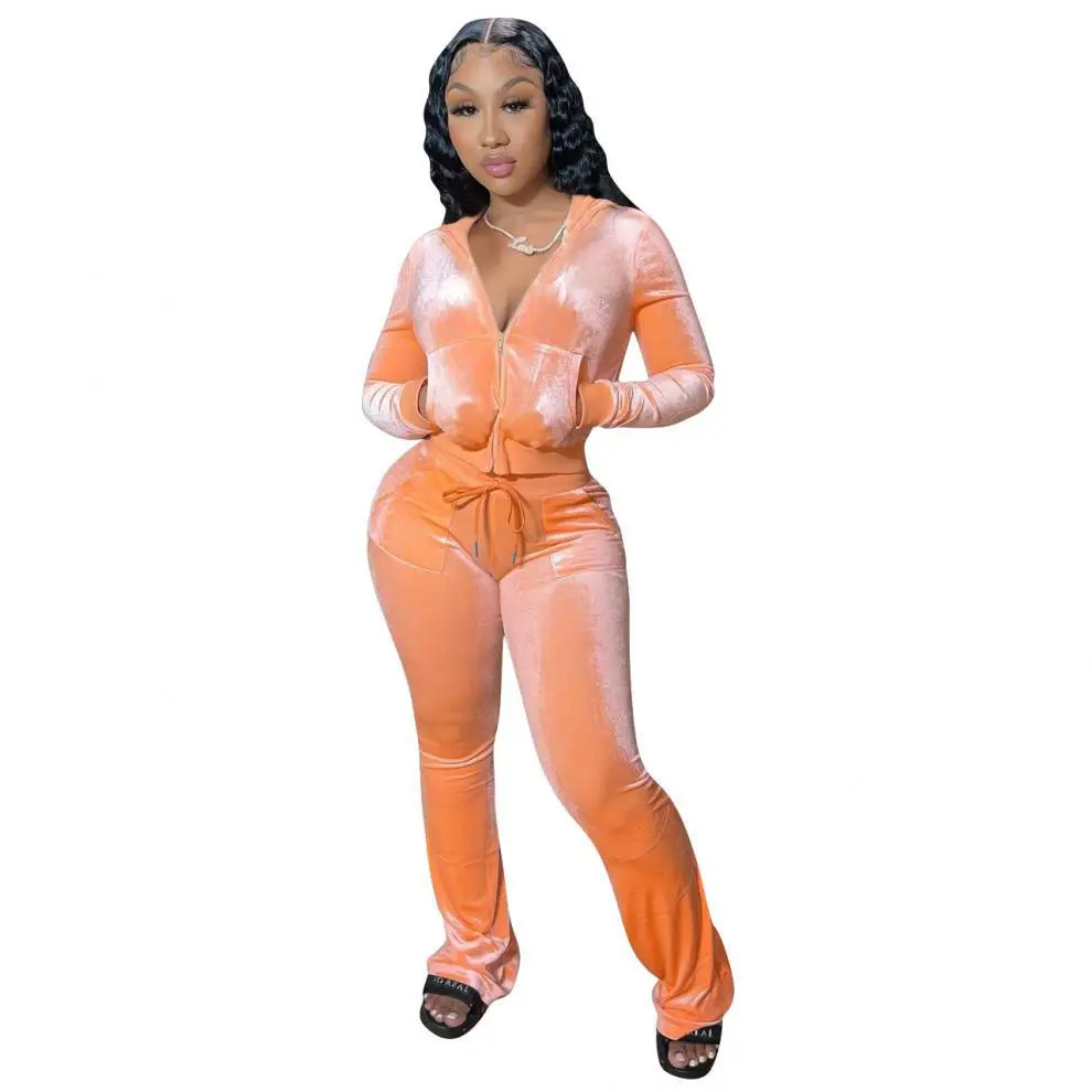 Brown Velvet 2-Piece Hooded Zipper Set for Women — feature 5