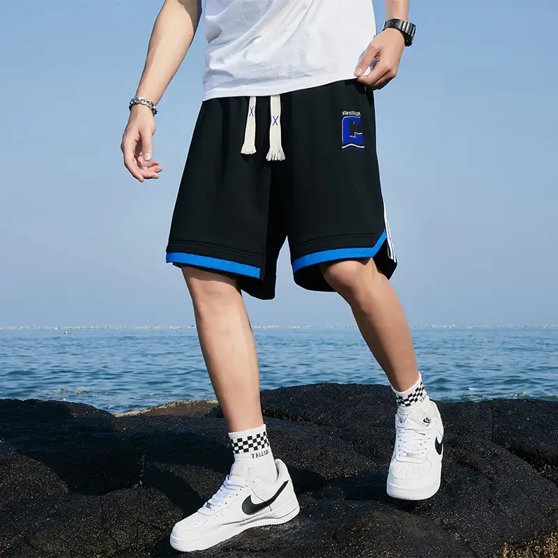 Men Black Blue Stripe Casual Shorts with White Sneakers - Image 6