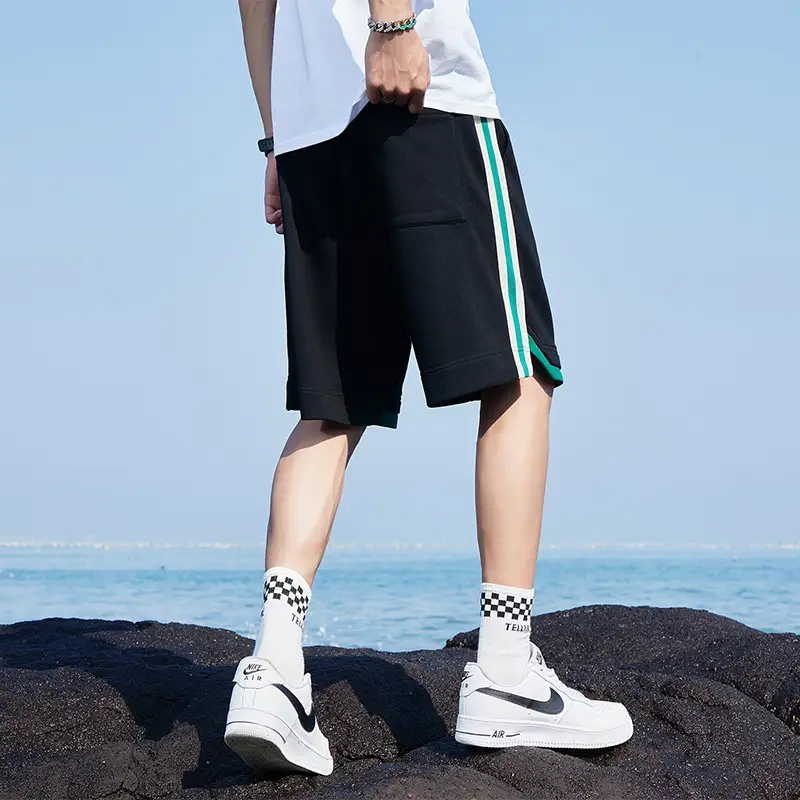 Men Black Blue Stripe Casual Shorts with White Sneakers - Image 9