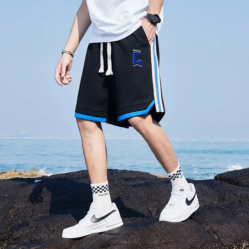 Men Black Blue Stripe Casual Shorts with White Sneakers - Image 2