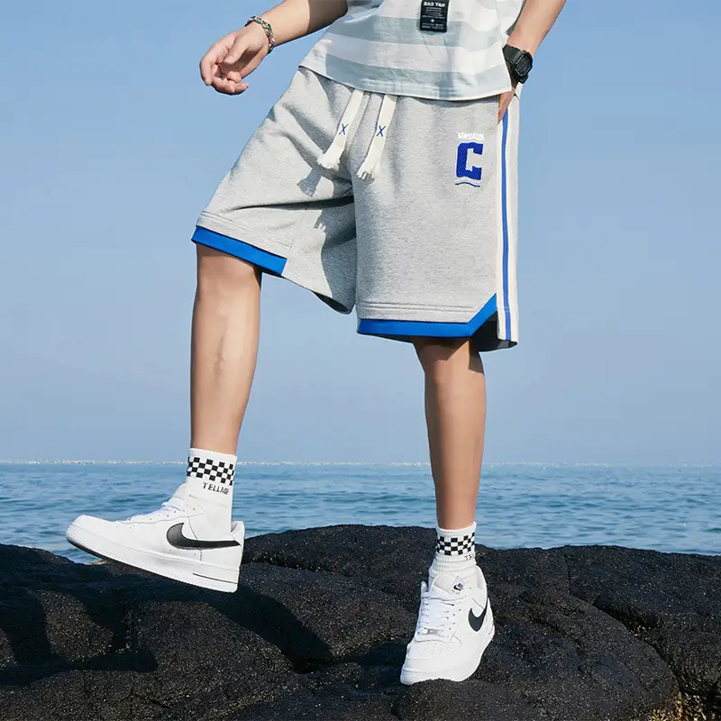Men Black Blue Stripe Casual Shorts with White Sneakers - Image 4