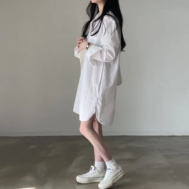 Women's 2024 Loose White Lapel Shirt Skirt Mid-Length - Image 3