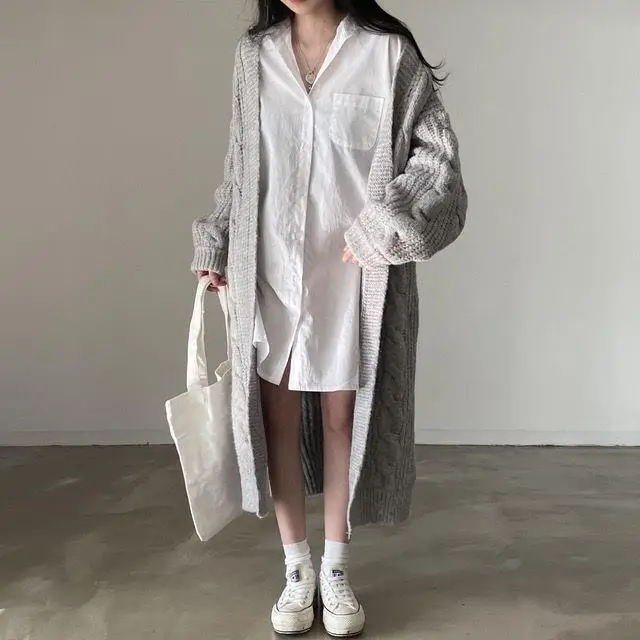 Women's 2024 Loose White Lapel Shirt Skirt Mid-Length — feature 10