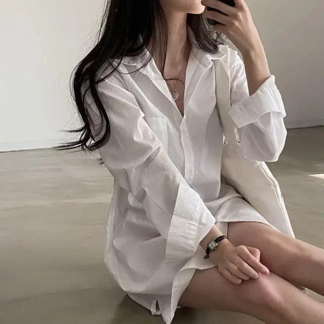 Women's 2024 Loose White Lapel Shirt Skirt Mid-Length — feature 11