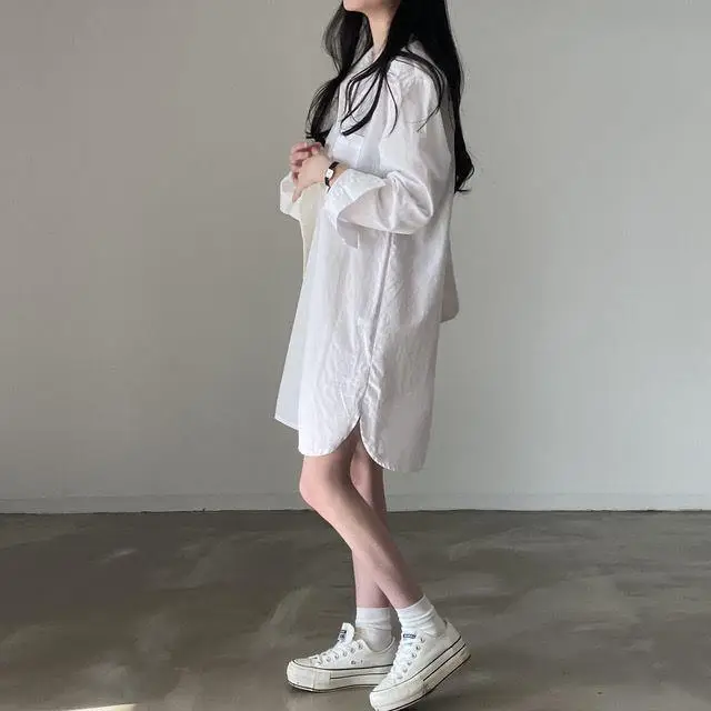 Women's 2024 Loose White Lapel Shirt Skirt Mid-Length — feature 2