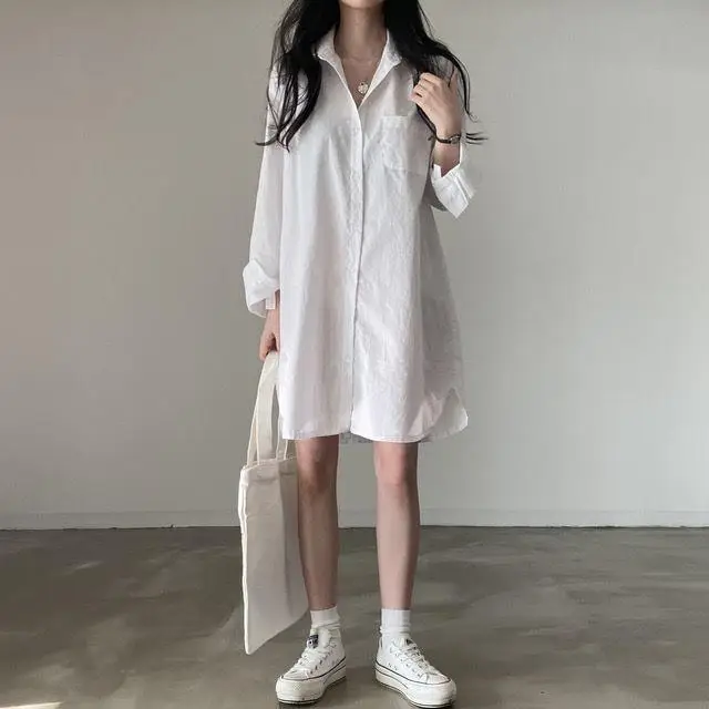 Women's 2024 Loose White Lapel Shirt Skirt Mid-Length — feature 3