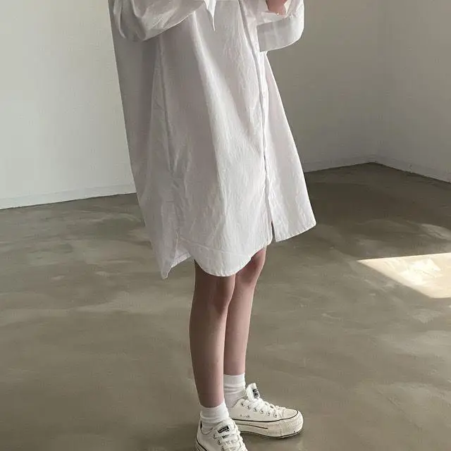 Women's 2024 Loose White Lapel Shirt Skirt Mid-Length — feature 5