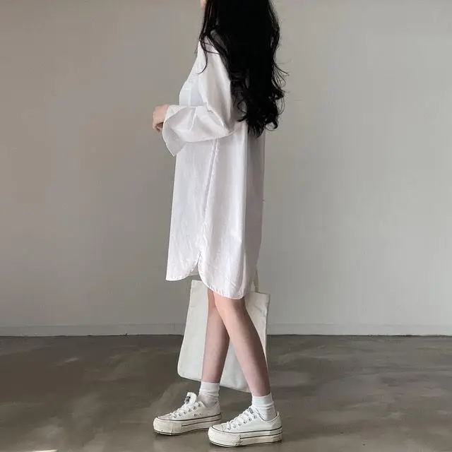 Women's 2024 Loose White Lapel Shirt Skirt Mid-Length — feature 6