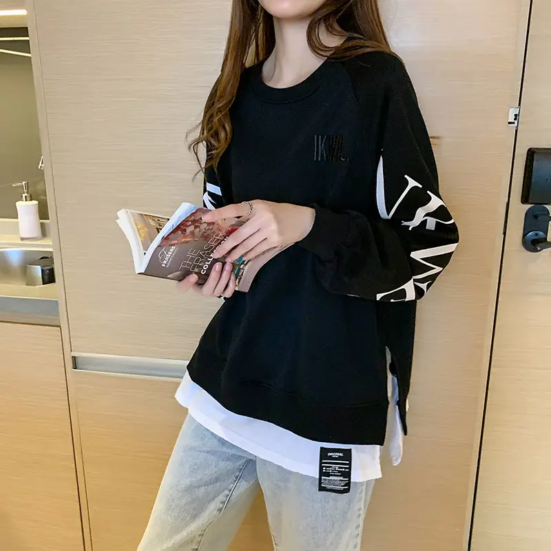 New Cross-Border Fake Two-Piece Long-Sleeves Sweatshirt for Women Loose Korean Style Thin 2025 Summer Round Neck Letter Sweatshirt for Women Trendy - Image 6