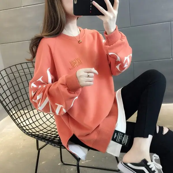 New Cross-Border Fake Two-Piece Long-Sleeves Sweatshirt for Women Loose Korean Style Thin 2025 Summer Round Neck Letter Sweatshirt for Women Trendy - Image 7