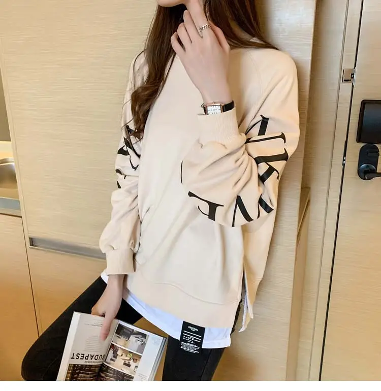 New Cross-Border Fake Two-Piece Long-Sleeves Sweatshirt for Women Loose Korean Style Thin 2025 Summer Round Neck Letter Sweatshirt for Women Trendy — feature 10