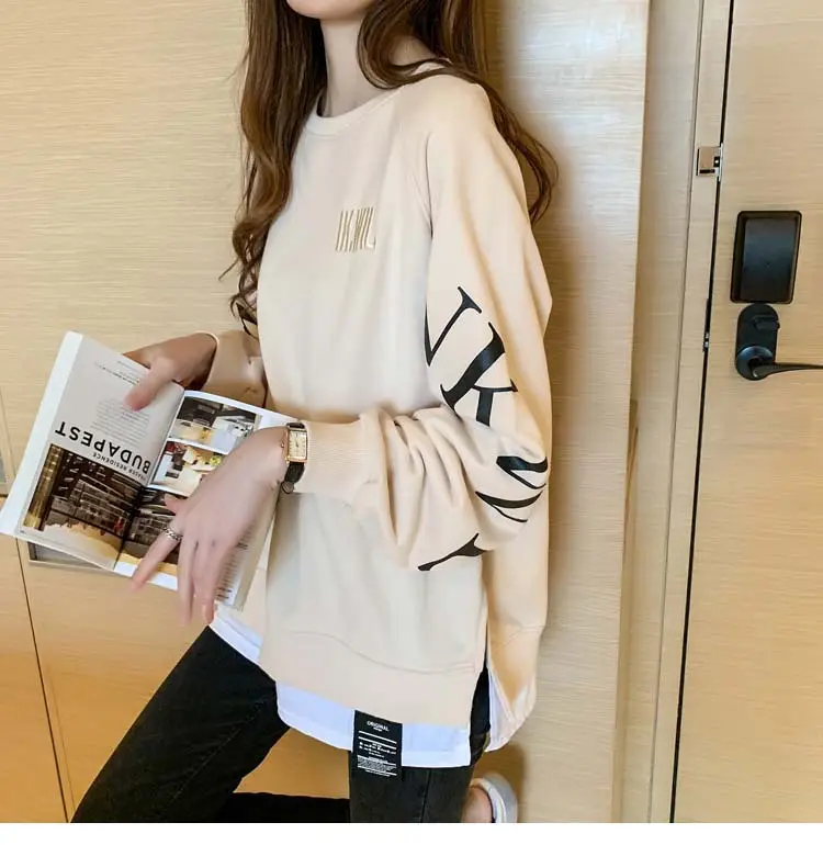 New Cross-Border Fake Two-Piece Long-Sleeves Sweatshirt for Women Loose Korean Style Thin 2025 Summer Round Neck Letter Sweatshirt for Women Trendy — feature 11