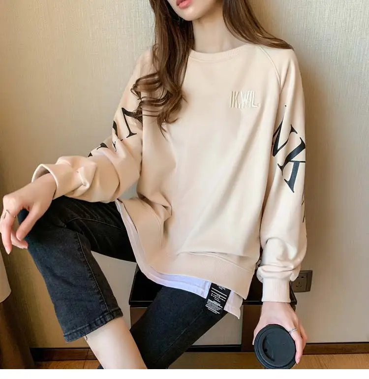 New Cross-Border Fake Two-Piece Long-Sleeves Sweatshirt for Women Loose Korean Style Thin 2025 Summer Round Neck Letter Sweatshirt for Women Trendy — feature 12