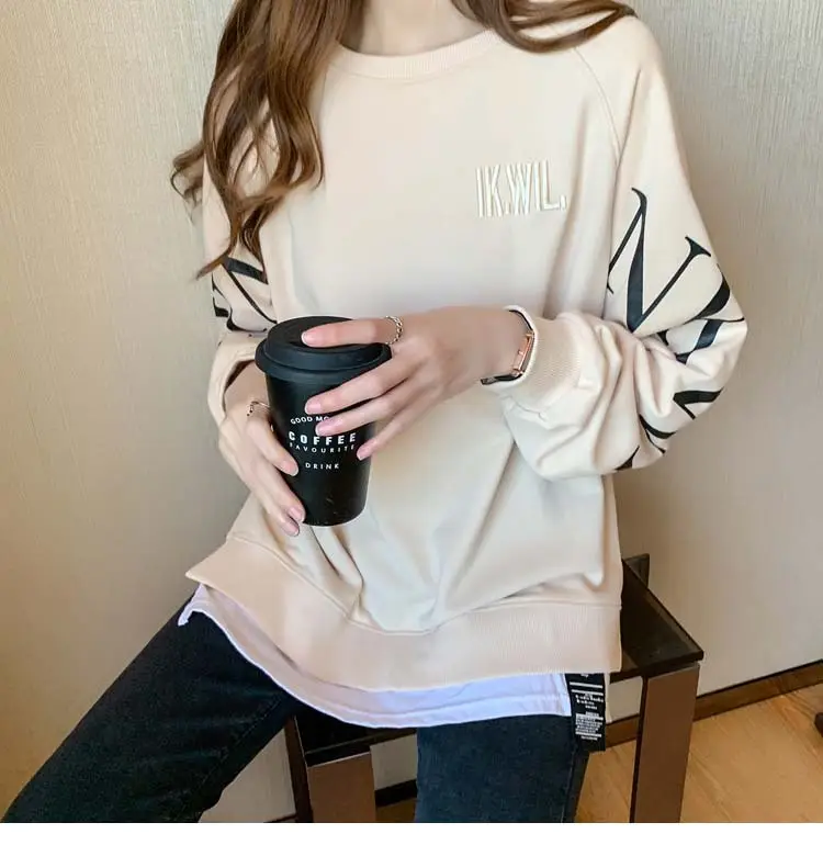 New Cross-Border Fake Two-Piece Long-Sleeves Sweatshirt for Women Loose Korean Style Thin 2025 Summer Round Neck Letter Sweatshirt for Women Trendy — feature 13