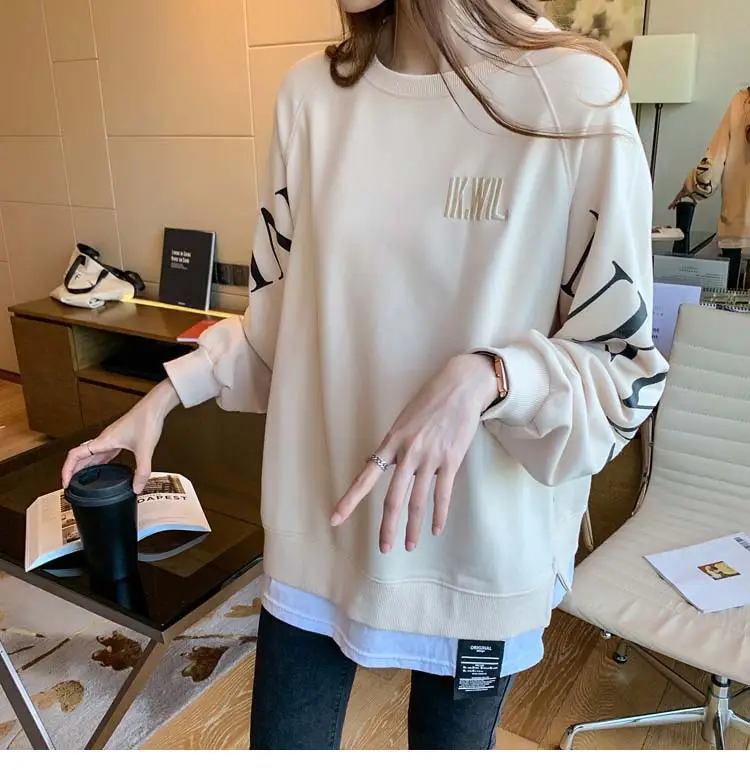 New Cross-Border Fake Two-Piece Long-Sleeves Sweatshirt for Women Loose Korean Style Thin 2025 Summer Round Neck Letter Sweatshirt for Women Trendy — feature 14