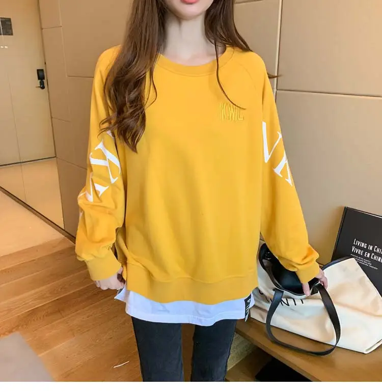 New Cross-Border Fake Two-Piece Long-Sleeves Sweatshirt for Women Loose Korean Style Thin 2025 Summer Round Neck Letter Sweatshirt for Women Trendy — feature 15