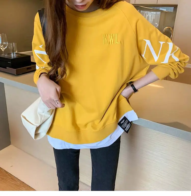 New Cross-Border Fake Two-Piece Long-Sleeves Sweatshirt for Women Loose Korean Style Thin 2025 Summer Round Neck Letter Sweatshirt for Women Trendy — feature 17