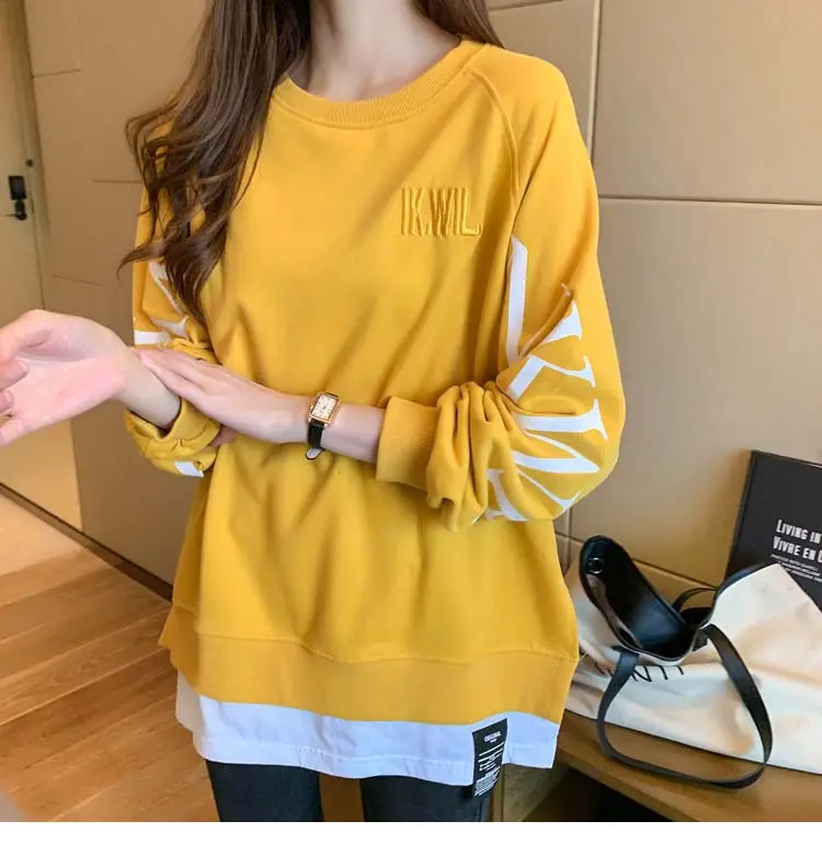 New Cross-Border Fake Two-Piece Long-Sleeves Sweatshirt for Women Loose Korean Style Thin 2025 Summer Round Neck Letter Sweatshirt for Women Trendy — feature 18