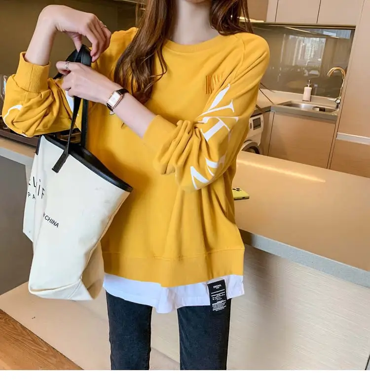 New Cross-Border Fake Two-Piece Long-Sleeves Sweatshirt for Women Loose Korean Style Thin 2025 Summer Round Neck Letter Sweatshirt for Women Trendy — feature 19