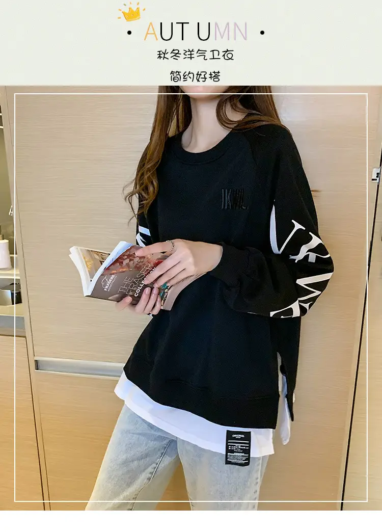 New Cross-Border Fake Two-Piece Long-Sleeves Sweatshirt for Women Loose Korean Style Thin 2025 Summer Round Neck Letter Sweatshirt for Women Trendy — feature 2