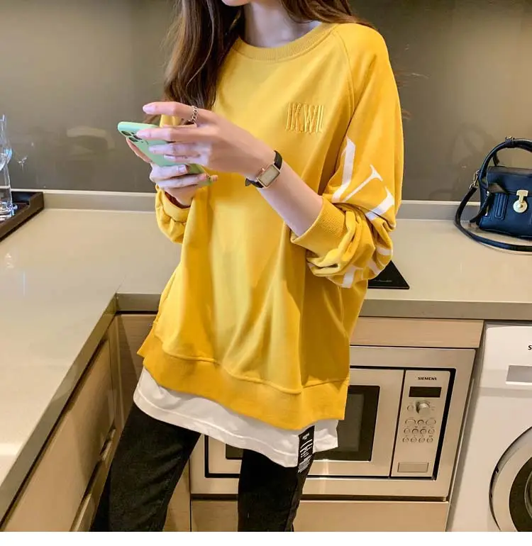 New Cross-Border Fake Two-Piece Long-Sleeves Sweatshirt for Women Loose Korean Style Thin 2025 Summer Round Neck Letter Sweatshirt for Women Trendy — feature 23