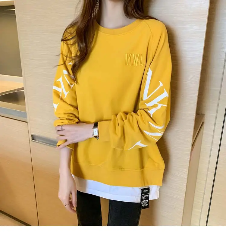 New Cross-Border Fake Two-Piece Long-Sleeves Sweatshirt for Women Loose Korean Style Thin 2025 Summer Round Neck Letter Sweatshirt for Women Trendy — feature 24
