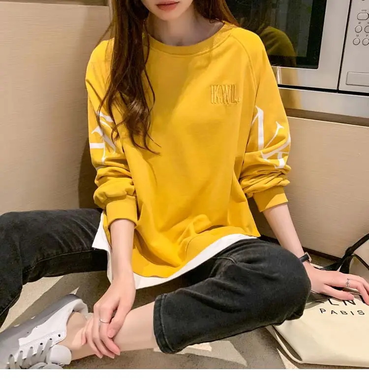 New Cross-Border Fake Two-Piece Long-Sleeves Sweatshirt for Women Loose Korean Style Thin 2025 Summer Round Neck Letter Sweatshirt for Women Trendy — feature 25