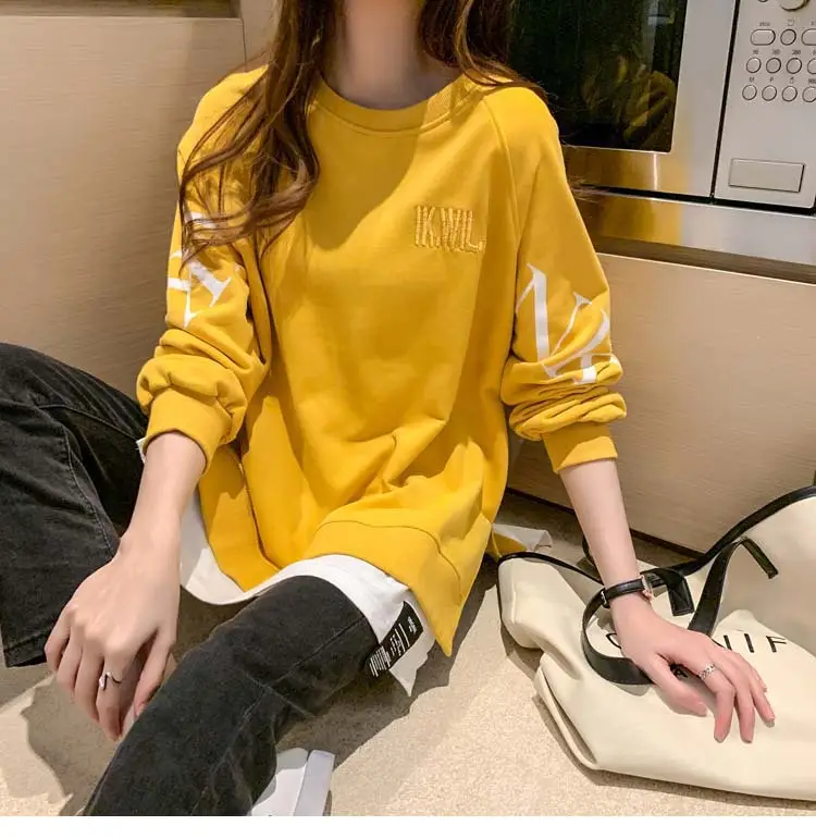 New Cross-Border Fake Two-Piece Long-Sleeves Sweatshirt for Women Loose Korean Style Thin 2025 Summer Round Neck Letter Sweatshirt for Women Trendy — feature 26