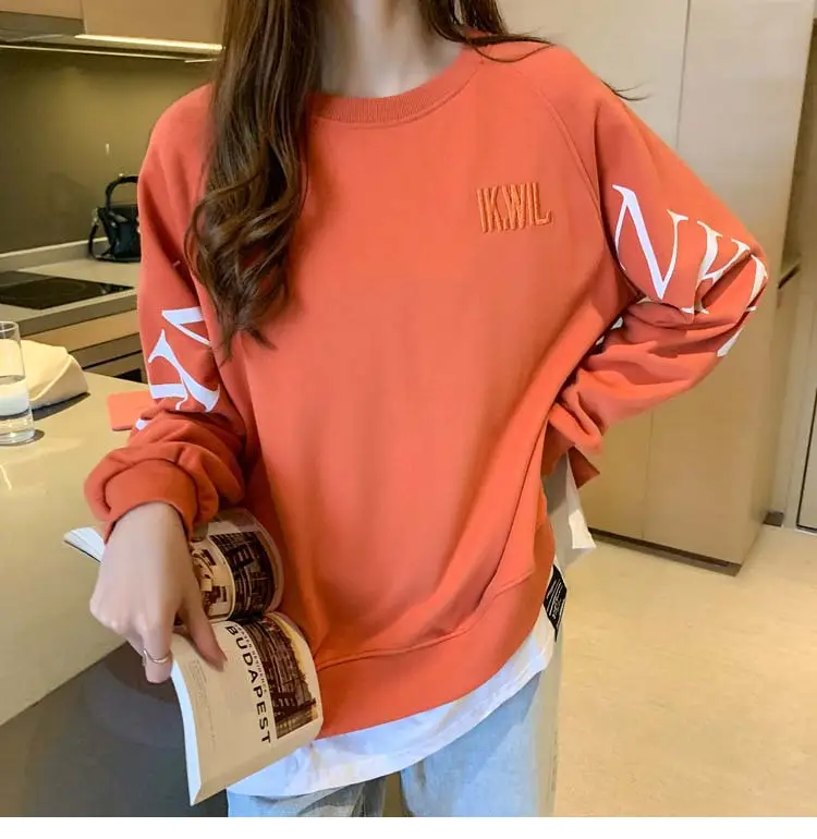 New Cross-Border Fake Two-Piece Long-Sleeves Sweatshirt for Women Loose Korean Style Thin 2025 Summer Round Neck Letter Sweatshirt for Women Trendy — feature 27