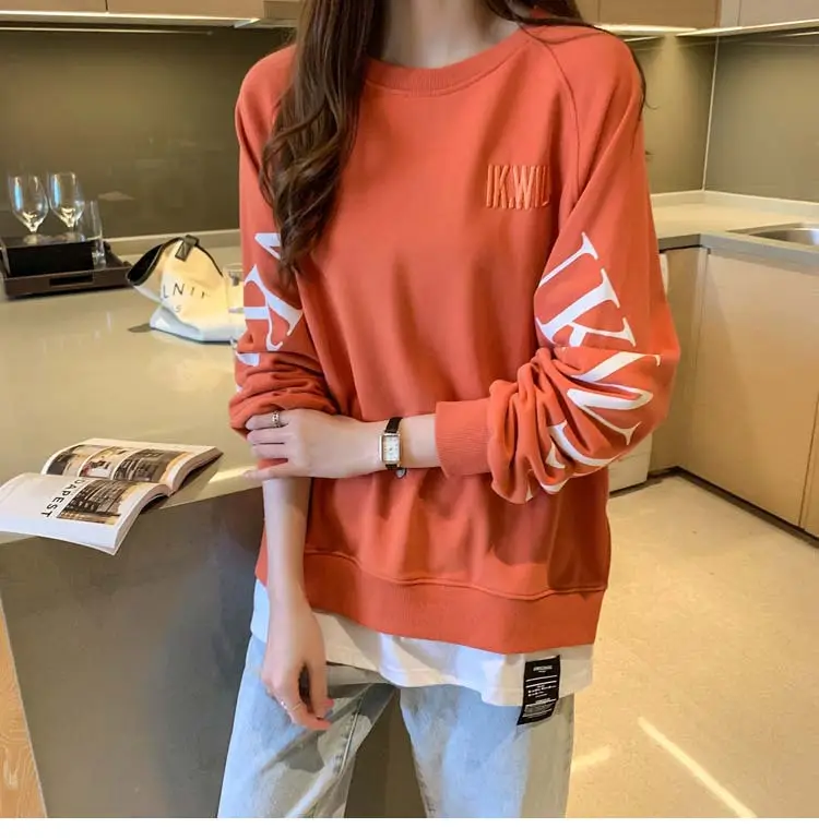 New Cross-Border Fake Two-Piece Long-Sleeves Sweatshirt for Women Loose Korean Style Thin 2025 Summer Round Neck Letter Sweatshirt for Women Trendy — feature 28