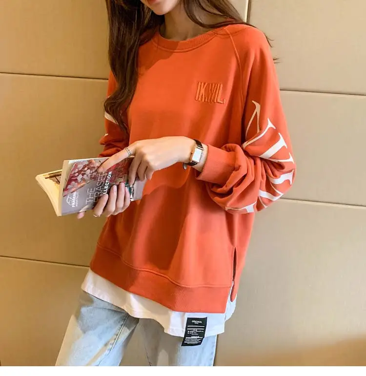 New Cross-Border Fake Two-Piece Long-Sleeves Sweatshirt for Women Loose Korean Style Thin 2025 Summer Round Neck Letter Sweatshirt for Women Trendy — feature 29