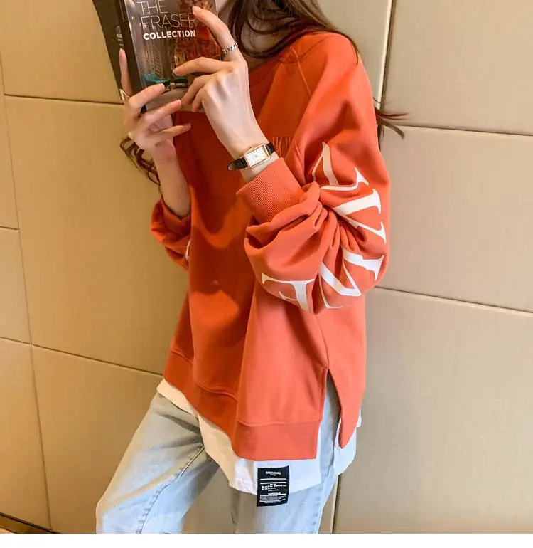 New Cross-Border Fake Two-Piece Long-Sleeves Sweatshirt for Women Loose Korean Style Thin 2025 Summer Round Neck Letter Sweatshirt for Women Trendy — feature 30