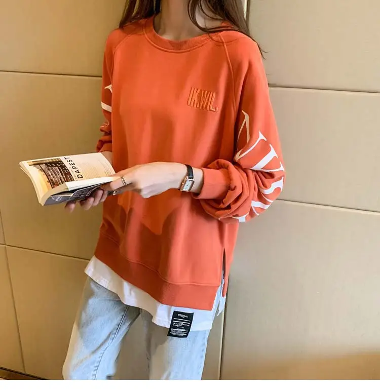 New Cross-Border Fake Two-Piece Long-Sleeves Sweatshirt for Women Loose Korean Style Thin 2025 Summer Round Neck Letter Sweatshirt for Women Trendy — feature 31