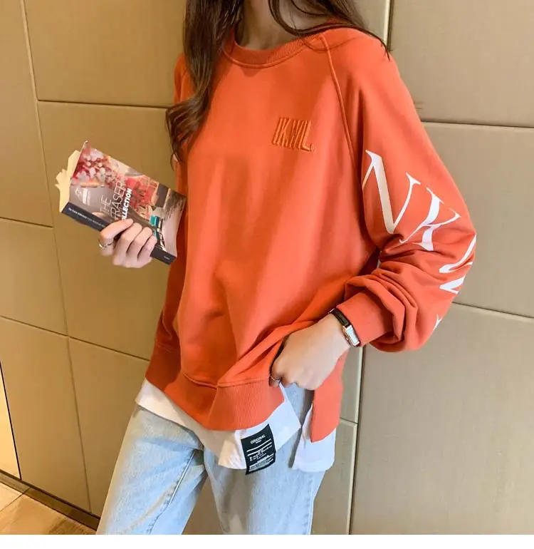 New Cross-Border Fake Two-Piece Long-Sleeves Sweatshirt for Women Loose Korean Style Thin 2025 Summer Round Neck Letter Sweatshirt for Women Trendy — feature 32
