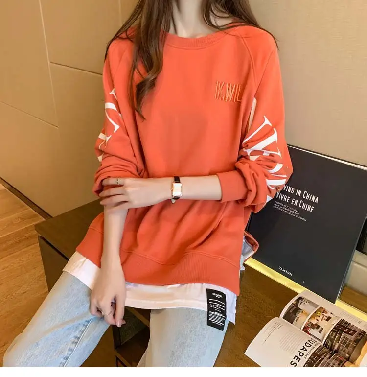 New Cross-Border Fake Two-Piece Long-Sleeves Sweatshirt for Women Loose Korean Style Thin 2025 Summer Round Neck Letter Sweatshirt for Women Trendy — feature 33