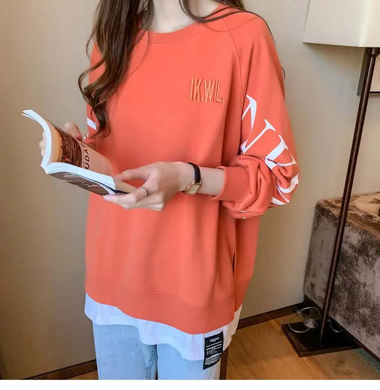 New Cross-Border Fake Two-Piece Long-Sleeves Sweatshirt for Women Loose Korean Style Thin 2025 Summer Round Neck Letter Sweatshirt for Women Trendy — feature 34