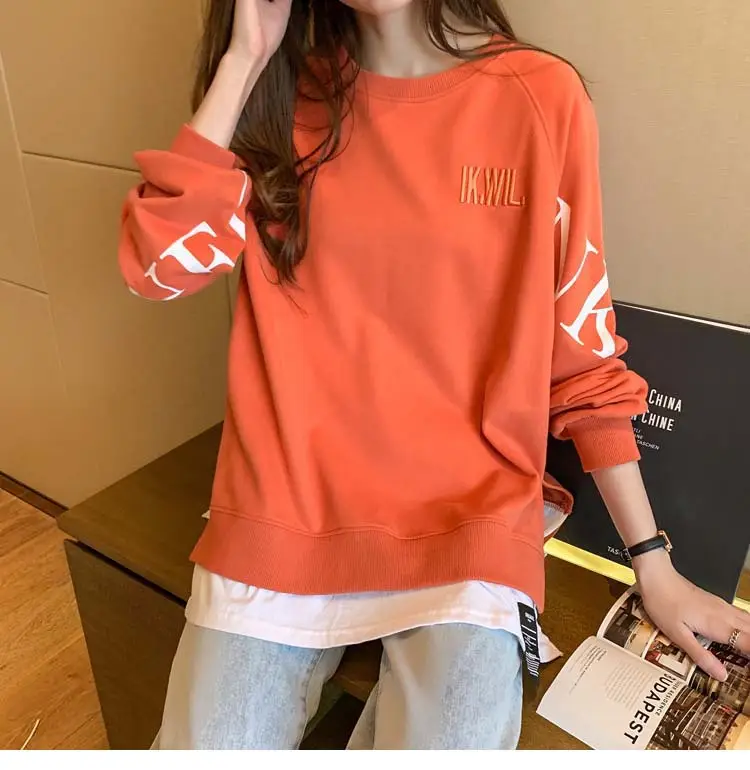 New Cross-Border Fake Two-Piece Long-Sleeves Sweatshirt for Women Loose Korean Style Thin 2025 Summer Round Neck Letter Sweatshirt for Women Trendy — feature 35