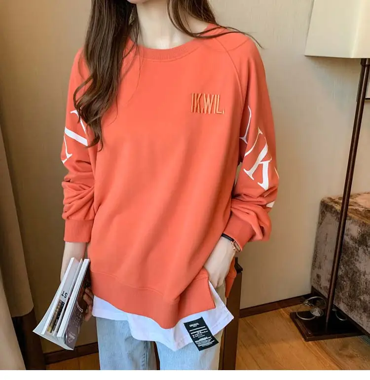 New Cross-Border Fake Two-Piece Long-Sleeves Sweatshirt for Women Loose Korean Style Thin 2025 Summer Round Neck Letter Sweatshirt for Women Trendy — feature 37