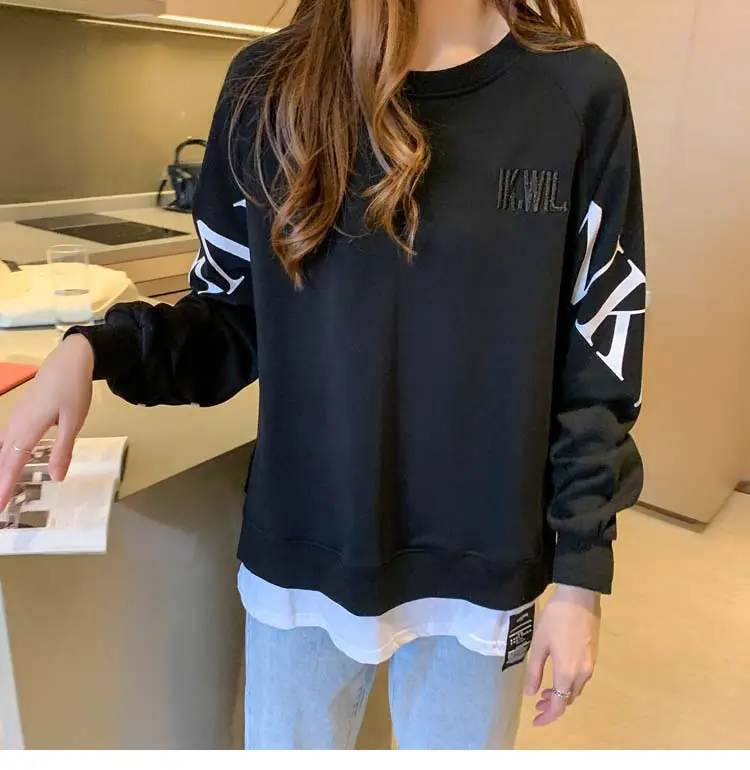 New Cross-Border Fake Two-Piece Long-Sleeves Sweatshirt for Women Loose Korean Style Thin 2025 Summer Round Neck Letter Sweatshirt for Women Trendy — feature 39