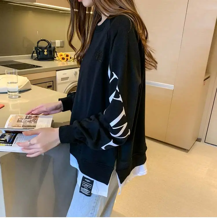New Cross-Border Fake Two-Piece Long-Sleeves Sweatshirt for Women Loose Korean Style Thin 2025 Summer Round Neck Letter Sweatshirt for Women Trendy — feature 40