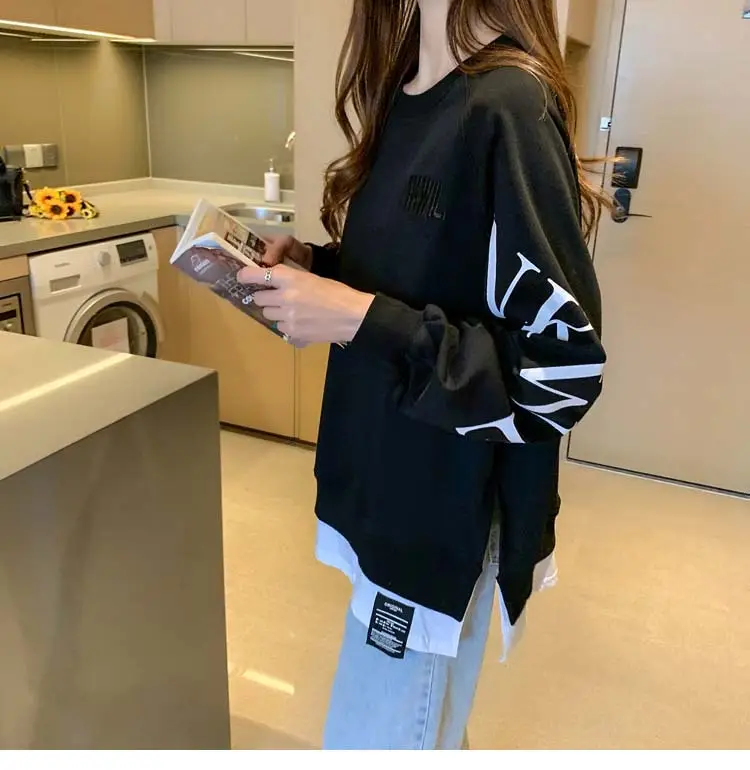 New Cross-Border Fake Two-Piece Long-Sleeves Sweatshirt for Women Loose Korean Style Thin 2025 Summer Round Neck Letter Sweatshirt for Women Trendy — feature 41