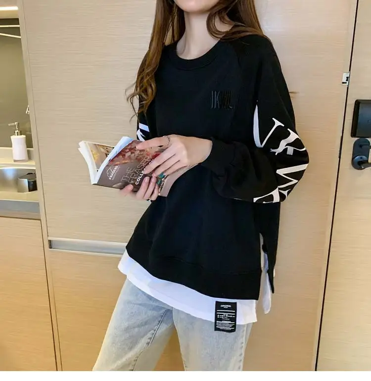 New Cross-Border Fake Two-Piece Long-Sleeves Sweatshirt for Women Loose Korean Style Thin 2025 Summer Round Neck Letter Sweatshirt for Women Trendy — feature 42