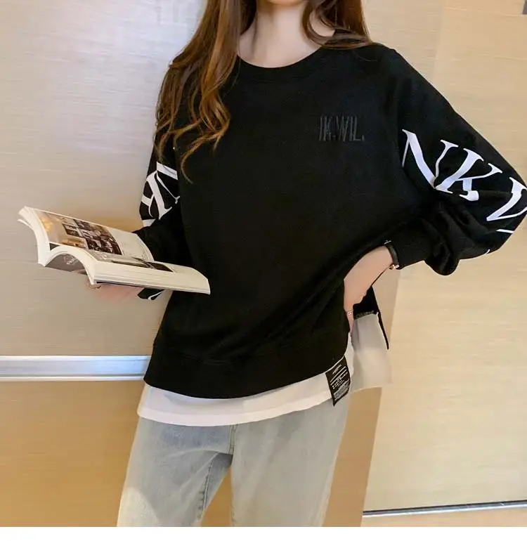 New Cross-Border Fake Two-Piece Long-Sleeves Sweatshirt for Women Loose Korean Style Thin 2025 Summer Round Neck Letter Sweatshirt for Women Trendy — feature 43