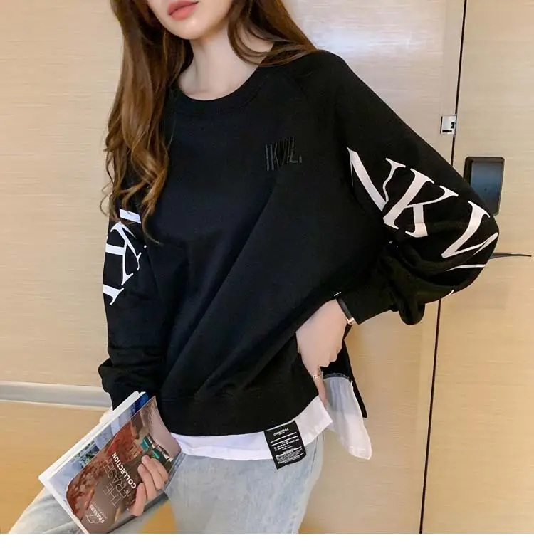 New Cross-Border Fake Two-Piece Long-Sleeves Sweatshirt for Women Loose Korean Style Thin 2025 Summer Round Neck Letter Sweatshirt for Women Trendy — feature 44