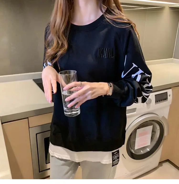 New Cross-Border Fake Two-Piece Long-Sleeves Sweatshirt for Women Loose Korean Style Thin 2025 Summer Round Neck Letter Sweatshirt for Women Trendy — feature 45