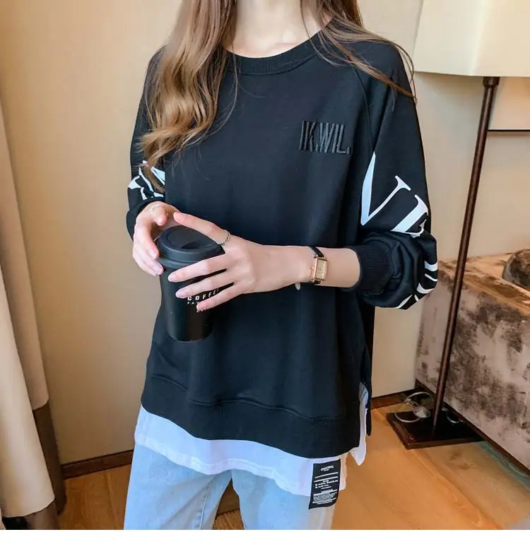New Cross-Border Fake Two-Piece Long-Sleeves Sweatshirt for Women Loose Korean Style Thin 2025 Summer Round Neck Letter Sweatshirt for Women Trendy — feature 46