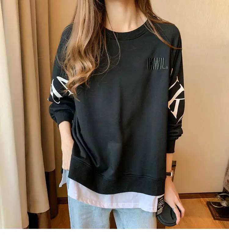 New Cross-Border Fake Two-Piece Long-Sleeves Sweatshirt for Women Loose Korean Style Thin 2025 Summer Round Neck Letter Sweatshirt for Women Trendy — feature 47