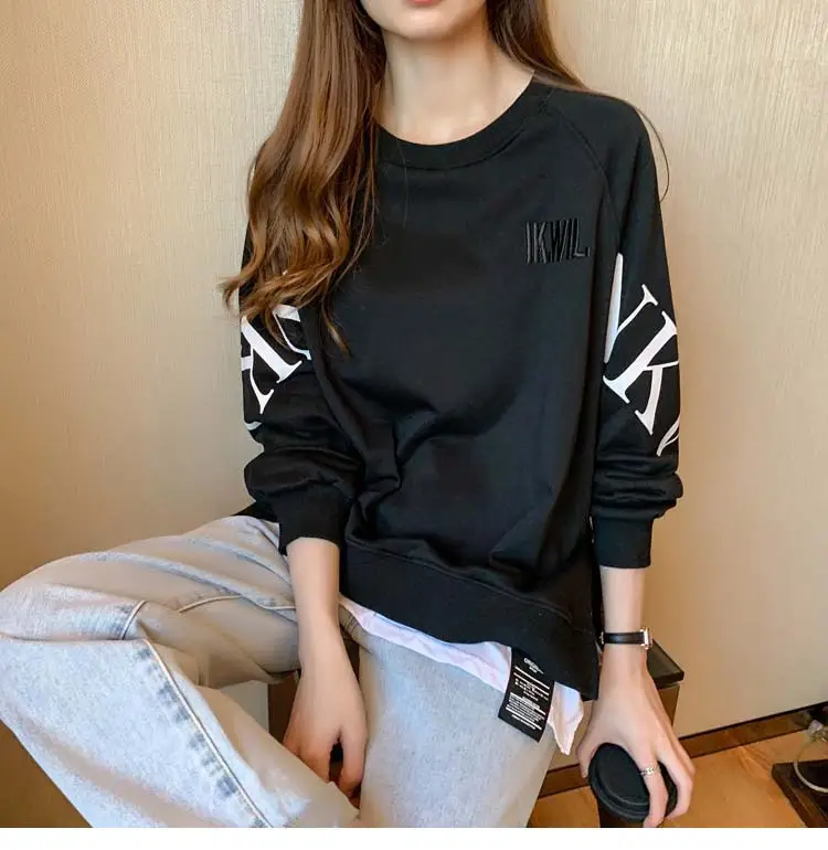 New Cross-Border Fake Two-Piece Long-Sleeves Sweatshirt for Women Loose Korean Style Thin 2025 Summer Round Neck Letter Sweatshirt for Women Trendy — feature 48