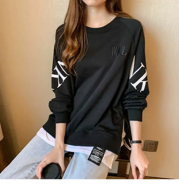 New Cross-Border Fake Two-Piece Long-Sleeves Sweatshirt for Women Loose Korean Style Thin 2025 Summer Round Neck Letter Sweatshirt for Women Trendy — feature 49