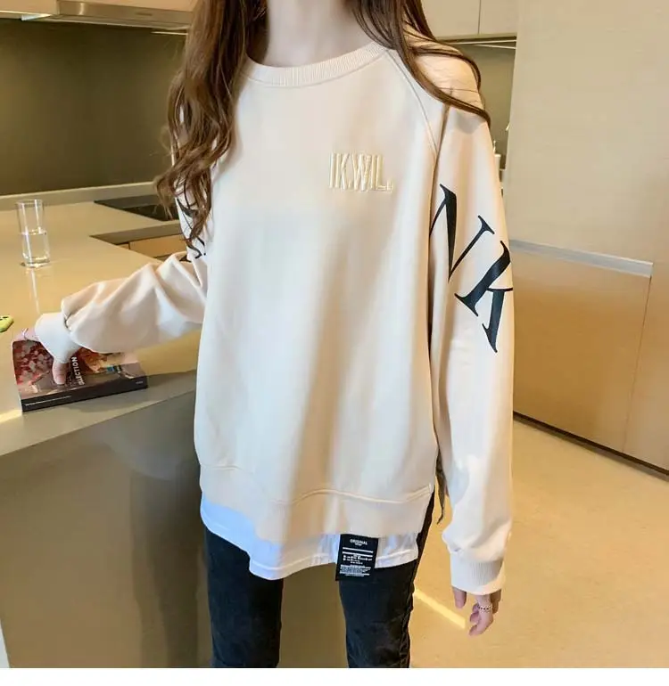 New Cross-Border Fake Two-Piece Long-Sleeves Sweatshirt for Women Loose Korean Style Thin 2025 Summer Round Neck Letter Sweatshirt for Women Trendy — feature 5